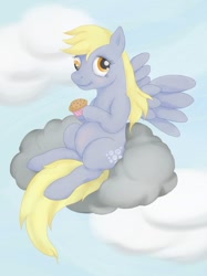Size: 1000x1337 | Tagged: safe, artist:ratwhiskers, derpy hooves, pegasus, pony, g4, cloud, female, food, muffin, sky, solo