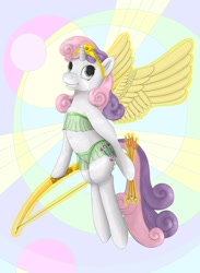 Size: 2199x3000 | Tagged: safe, artist:ratwhiskers, sweetie belle, pony, unicorn, g4, arrow, artificial wings, augmented, bow (weapon), clothes, cupid, female, filly, flying, heart arrow, high res, hoof hold, magic, magic wings, skirt, solo, wings