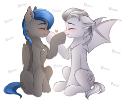 Size: 3775x3099 | Tagged: safe, artist:vetta, oc, oc only, oc:jizlez, oc:nobrony, bat pony, pony, bat wings, blushing, boop, chest fluff, cute, cute little fangs, duo, duo male, eyebrows, eyes closed, fangs, floating heart, floppy ears, folded wings, glasses, heart, high res, hoof fluff, jewelry, male, necklace, simple background, sitting, smiling, spread wings, stallion, underhoof, white background, wings