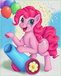 Size: 1400x1758 | Tagged: safe, artist:ratwhiskers, pinkie pie, earth pony, pony, g4, balloon, bipedal, bipedal leaning, confetti, female, leaning, open mouth, party cannon, solo
