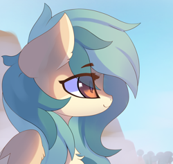 Size: 2600x2464 | Tagged: safe, artist:jfrxd, oc, oc only, oc:peacher, pegasus, pony, blue background, bust, chest fluff, ear fluff, fluffy, green mane, headshot commission, high res, looking right, orange eyes, pegasus oc, simple background, smiling, solo