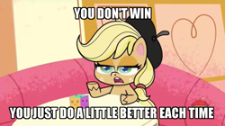 Size: 1276x715 | Tagged: safe, edit, edited screencap, screencap, applejack, earth pony, pony, g4, g4.5, how applejack got her hat back, my little pony: pony life, beret, caption, family guy, female, hat, image macro, male, open mouth, solo, sugarcube corner, text