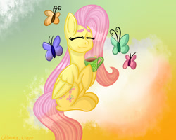 Size: 1280x1024 | Tagged: safe, artist:anastasiaplisetskaya, fluttershy, butterfly, pegasus, pony, g4, eyes closed, female, mug, ponytober, sitting, smiling, solo