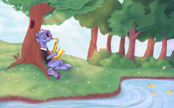 Size: 4000x2500 | Tagged: safe, artist:woowoli, oc, oc only, oc:cyan legacy, bird, duck, pony, rabbit, squirrel, animal, crepuscular rays, duckling, eyes closed, male, musical instrument, river, saxophone, solo, tree, water