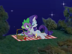 Size: 2160x1620 | Tagged: safe, artist:georgegarza01, edit, rarity, spike, dragon, pony, unicorn, g4, candle, eyes closed, female, gemstones, love, male, night, picnic, picnic blanket, romantic, ship:sparity, shipping, show accurate, straight, tree, winged spike, wings, youtube link