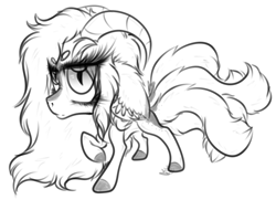 Size: 1138x822 | Tagged: safe, artist:beamybutt, oc, oc only, pony, ear fluff, eyelashes, horns, monochrome, raised hoof, solo