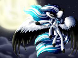 Size: 4500x3358 | Tagged: safe, artist:beamybutt, oc, oc only, oc:marie pixel, pegasus, pony, cloud, colored wings, ear fluff, eyelashes, flying, full moon, moon, night, pegasus oc, solo, stars, two toned wings, wings