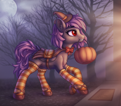 Size: 2100x1833 | Tagged: safe, artist:eltaile, oc, oc only, oc:desire, bat pony, pony, bowtie, clothes, cute, fangs, female, halloween, hat, holiday, mare, moon, night, pumpkin, pumpkin bucket, shoes, socks, solo, spooky, stockings, striped socks, thigh highs, tree, trick or treat, witch costume, witch hat