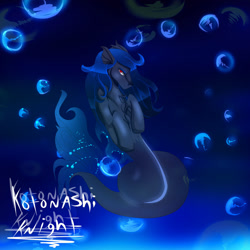 Size: 1024x1024 | Tagged: safe, artist:kotonashiknight, oc, oc only, hybrid, merpony, seapony (g4), blue background, blue mane, bubble, chest fluff, digital art, fish tail, flowing mane, flowing tail, looking at you, male, ocean, red eyes, signature, simple background, solo, swimming, tail, underwater, water