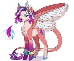 Size: 1280x1051 | Tagged: safe, artist:brot-art, oc, oc only, hybrid, pony, chest fluff, ear piercing, earring, hoof polish, jewelry, piercing, simple background, smiling, solo, transparent background, wings