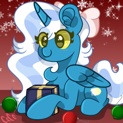 Size: 1000x1000 | Tagged: safe, artist:endergurl22, oc, oc:fleurbelle, alicorn, pony, adorabelle, alicorn oc, bauble, bow, cute, female, hair bow, horn, mare, ocbetes, present, snow, snowflake, wingding eyes, wings