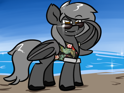 Size: 1024x768 | Tagged: safe, artist:tranzmuteproductions, oc, oc only, oc:tranzmute, bat pony, pony, bat pony oc, bat wings, male, outdoors, smiling, stallion, sunglasses, wing hands, wings