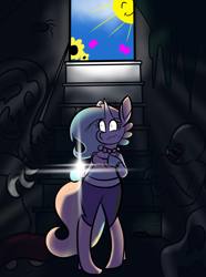 Size: 1266x1699 | Tagged: safe, artist:tranzmuteproductions, oc, oc only, unicorn, anthro, unguligrade anthro, cave, clothes, female, horn, jewelry, necklace, pearl necklace, scared, smiling, sun, unicorn oc