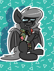 Size: 768x1024 | Tagged: safe, artist:tranzmuteproductions, oc, oc only, oc:tranzmute, bat pony, pony, abstract background, bandaid, bandaid on nose, bat pony oc, clothes, crossed arms, male, smiling, solo, stallion, sunglasses