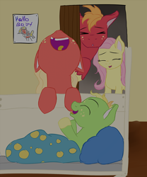 Size: 1002x1206 | Tagged: safe, artist:kaleysia, big macintosh, fluttershy, oc, oc:cellini, oc:crispin, earth pony, pegasus, pony, g4, baby, baby pony, blanket, brother and sister, colt, crib, cropped, eyes closed, family, female, filly, floppy ears, freckles, laughing, male, nose in the air, offspring, open mouth, open smile, parent:big macintosh, parent:fluttershy, parents:fluttermac, pillow, ship:fluttermac, shipping, siblings, singing, smiling, straight, tired, tongue out, unshorn fetlocks