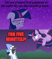 Size: 500x562 | Tagged: safe, twilight sparkle, alicorn, bird, blue jay, pony, g4, once upon a zeppelin, airplanes (song), crossing the memes, crossover, crossover shipping, crying, female, for five minutes, interspecies, male, mare, meme, mordecai, mordetwi, regular show, shipping, shocked, shrek, shrek 2, straight, subverted meme, twilight sparkle (alicorn)