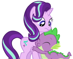 Size: 813x668 | Tagged: safe, artist:rozyfly10, edit, edited screencap, screencap, spike, starlight glimmer, dragon, pony, unicorn, g4, season 6, the crystalling, cute, duo, eyes closed, faic, female, frown, hug, male, mare, ship:sparlight, shipping, simple background, smiling, straight, transparent background