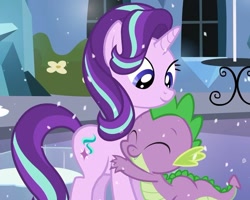 Size: 901x719 | Tagged: safe, edit, edited screencap, screencap, spike, starlight glimmer, dragon, pony, g4, season 6, the crystalling, cute, duo, female, happy glimmy, hug, male, ship:sparlight, shipping, smiling, snow, straight, when she smiles