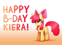 Size: 1024x742 | Tagged: safe, artist:vulpessentia, apple bloom, earth pony, pony, g4, female, filly, happy birthday, solo, text