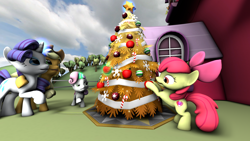 Size: 1920x1080 | Tagged: safe, artist:mrcracer, apple bloom, applejack, rarity, sweetie belle, earth pony, pony, unicorn, g4, 3d, christmas, christmas tree, female, filly, holiday, mare, source filmmaker, tree