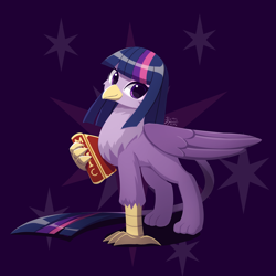 Size: 1250x1250 | Tagged: safe, artist:howxu, twilight sparkle, griffon, g4, beak, book, commission, cute, female, folded wings, griffonized, looking at you, solo, species swap, talons, wings