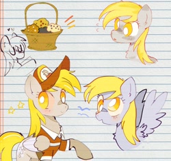 Size: 1024x963 | Tagged: safe, artist:bug-roux, derpy hooves, pegasus, pony, g4, basket, cap, chest fluff, cute, derpabetes, female, food, hat, heart, lined paper, mailmare, mare, muffin, solo, spread wings, white pupils, wings