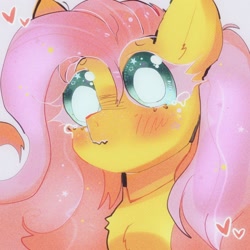 Size: 1024x1024 | Tagged: safe, artist:bug-roux, fluttershy, pegasus, pony, g4, blushing, bust, chest fluff, close-up, colored eyelashes, crying, female, heart, looking at you, mare, portrait, solo, stray strand, teary eyes, three quarter view, wavy mouth, white pupils