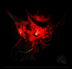 Size: 724x692 | Tagged: safe, artist:firehearttheinferno, fallout equestria, fallout equestria: equestria the beautiful, from the shadows, abomination, aura, burning, concept art, concept for a fanfic, dark, digital art, fire, glowing, glowing eyes, goathead fellbeast, grim, horns, monster, nightmare fuel, red eyes, scary, scary face, skull, spooky, tar, teeth