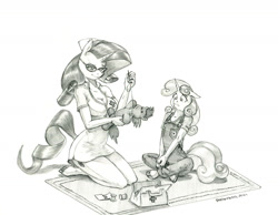 Size: 1400x1088 | Tagged: safe, artist:baron engel, rarity, sweetie belle, unicorn, anthro, unguligrade anthro, g4, breasts, cleavage, clothes, female, filly, floppy ears, kneeling, mare, monochrome, nurse outfit, overalls, pencil drawing, plushie, sewing needle, traditional art, worried