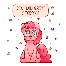 Size: 2000x2000 | Tagged: safe, artist:cocopudu, pinkie pie, earth pony, pony, g4, confetti, cute, dialogue, diapinkes, female, heart, high res, looking at you, mare, positive message, positive ponies, simple background, sitting, solo, talking to viewer, white background, white pupils