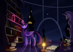 Size: 2000x1417 | Tagged: safe, artist:amy2sa-fan, artist:pottyospanna, twilight sparkle, alicorn, pony, book, bookshelf, candle, candlelight, canterlot, canterlot library, female, glowing, glowing horn, horn, library, magic, mare, night, solo, stars, twilight sparkle (alicorn), twilight's canterlot home