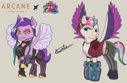 Size: 2000x1315 | Tagged: safe, artist:kiumba, pipp petals, zipp storm, pegasus, pony, g5, my little pony: a new generation, arcane, clothes, cosplay, costume, crossdressing, crossover, fanart, female, jinx (league of legends), league of legends, siblings, sisters, spread wings, vi, wings