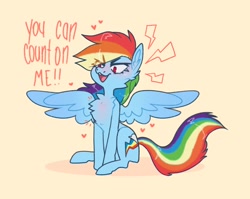 Size: 2048x1632 | Tagged: safe, artist:possumpupper, rainbow dash, pegasus, pony, g4, backwards cutie mark, cheek fluff, chest fluff, cute, dashabetes, dialogue, ear fluff, female, heart, open mouth, simple background, solo, spread wings, text, wings
