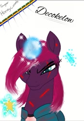 Size: 877x1259 | Tagged: safe, artist:decokenite, fizzlepop berrytwist, tempest shadow, pony, unicorn, g4, blood, crossover, dalgona, female, mare, messy hair, needle, signature, solo, squid game