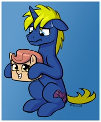 Size: 1626x1965 | Tagged: safe, artist:heretichesh, oc, oc only, oc:power play, pony, unicorn, :t, box pony, female, filly, floppy ears, frown, gradient background, holding a pony, male, sitting, smiling, stallion, sweat, sweatdrop