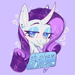 Size: 2048x2048 | Tagged: safe, artist:possumpuppy, rarity, pony, unicorn, g4, bust, cheek fluff, curved horn, darling, ear piercing, facial hair, female, goatee, heart, high res, horn, lidded eyes, piercing, simple background, solo, speech bubble, starry eyes, wingding eyes