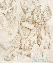 Size: 1719x2048 | Tagged: safe, artist:paipaishuaige, butterfly, pony, unicorn, chest fluff, curved horn, horn, smiling, solo, traditional art