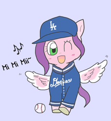Size: 916x1000 | Tagged: safe, artist:foxy1219, pipp petals, pegasus, pony, g5, my little pony: a new generation, adorapipp, baseball, baseball cap, cap, clothes, cute, female, hat, looking at you, los angeles dodgers, mare, mi mi miii, mlb, music notes, one eye closed, open mouth, open smile, smiling, sofia carson, sports, spread wings, uniform, wings, wink