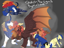 Size: 2048x1536 | Tagged: safe, artist:lilithvicqqy, big macintosh, princess luna, oc, oc:earthshine, oc:harvest moon, oc:waning crescent, oc:waxing candle, alicorn, bat pony, earth pony, pony, unicorn, g4, bat pony oc, female, hybrid wings, male, mare, offspring, parent:big macintosh, parent:princess luna, parents:lunamac, ship:lunamac, shipping, stallion, straight, wings