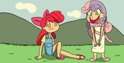 Size: 1600x817 | Tagged: safe, artist:projectfirelights, apple bloom, sweetie belle, human, g4, duo, female, humanized, open mouth