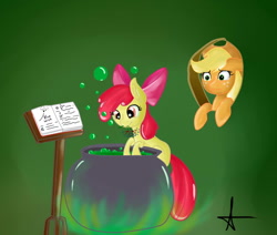 Size: 1024x870 | Tagged: safe, artist:arnachy, apple bloom, applejack, earth pony, pony, g4, book, cauldron, duo, female, filly, mare, mouth hold