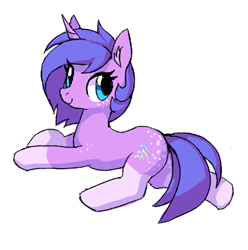Size: 482x486 | Tagged: safe, anonymous artist, oc, oc only, oc:startrail, pony, unicorn, coat markings, cute, dappled, female, flockmod, freckles, looking back, lying down, prone, simple background, smiling, socks (coat markings), solo, spots, white background