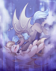 Size: 1500x1900 | Tagged: safe, artist:kreteen art, oc, oc only, oc:jisimonk, oc:nobrony, bat pony, pony, bat wings, blushing, cloud, eyebrows, eyes closed, falling, fangs, flying, gay, glasses, jewelry, kissing, lying down, male, necklace, night, oc x oc, on back, outdoors, shipping, sky, spread wings, stallion, stars, wings