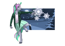 Size: 2000x1426 | Tagged: safe, artist:royvdhel-art, oc, oc only, unicorn, anthro, unguligrade anthro, clothes, commission, female, glowing, glowing horn, horn, simple background, skirt, smiling, snow, snowflake, solo, transparent background, unicorn oc, ych result