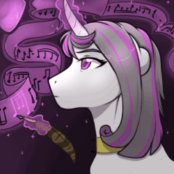 Size: 500x500 | Tagged: safe, artist:royvdhel-art, oc, oc only, pony, unicorn, animated, blinking, choker, commission, female, gif, glowing, glowing horn, horn, magic, mare, music notes, quill, solo, telekinesis, unicorn oc, ych result