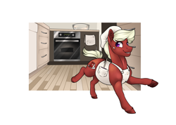 Size: 2000x1426 | Tagged: safe, artist:royvdhel-art, oc, oc only, oc:red velvet, earth pony, pony, clothes, colored hooves, earth pony oc, kitchen, simple background, smiling, solo, white background