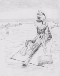 Size: 3267x4129 | Tagged: safe, artist:joestick, oc, oc only, oc:arcalia, oc:kass, earth pony, pony, beach, brother and sister, clothes, coat markings, female, grayscale, lying down, male, mare, monochrome, pencil drawing, pinto, siblings, socks (coat markings), stallion, sunglasses, swimsuit, traditional art, umbrella