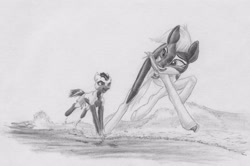 Size: 3971x2632 | Tagged: safe, artist:joestick, oc, oc only, oc:arcalia, oc:kass, earth pony, pony, beach, brother and sister, clothes, coat markings, female, grayscale, high res, male, mare, monochrome, pencil drawing, pinto, running, siblings, socks (coat markings), stallion, swimsuit, traditional art, wave