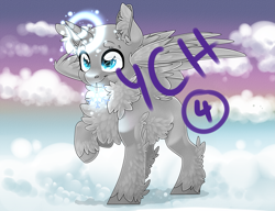 Size: 2793x2148 | Tagged: safe, artist:schokocream, oc, oc only, alicorn, pony, alicorn oc, chest fluff, cloud, commission, ear fluff, glowing, glowing horn, high res, horn, on a cloud, raised hoof, smiling, solo, unshorn fetlocks, wings, your character here
