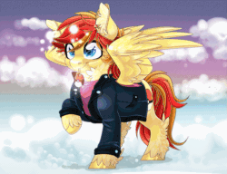 Size: 1133x872 | Tagged: safe, artist:schokocream, oc, oc only, alicorn, pegasus, pony, unicorn, alicorn oc, animated, chest fluff, clothes, cloud, commission, ear fluff, gif, glowing, glowing horn, horn, jacket, on a cloud, pegasus oc, smiling, unicorn oc, wings, ych result